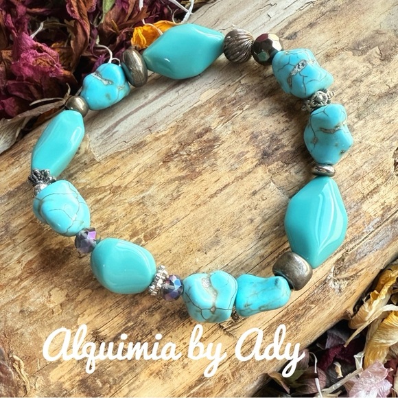 Blue turquoise and big carnelians beaded colorful bracelet stack set - Picture 3 of 6